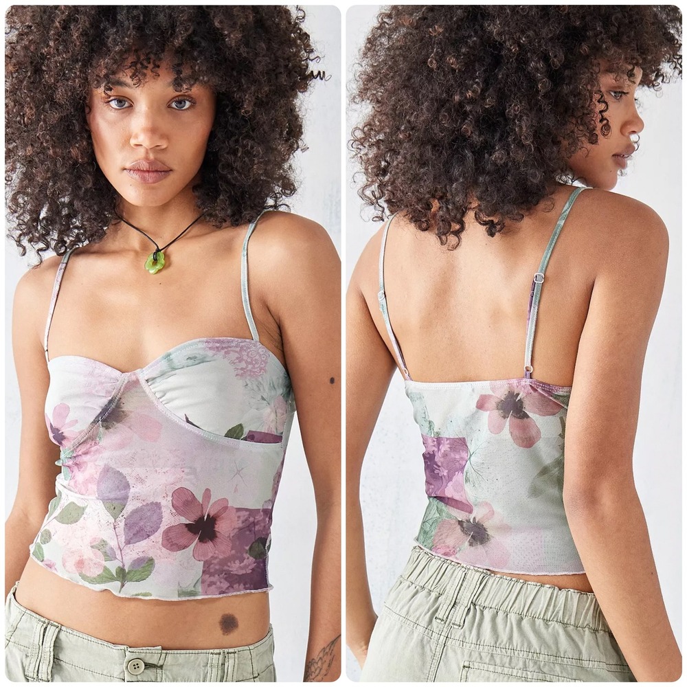Motel UO Womens Kikan Floral Patchwork Fairycore Sheer Mesh Cami‎ Top Size XXL